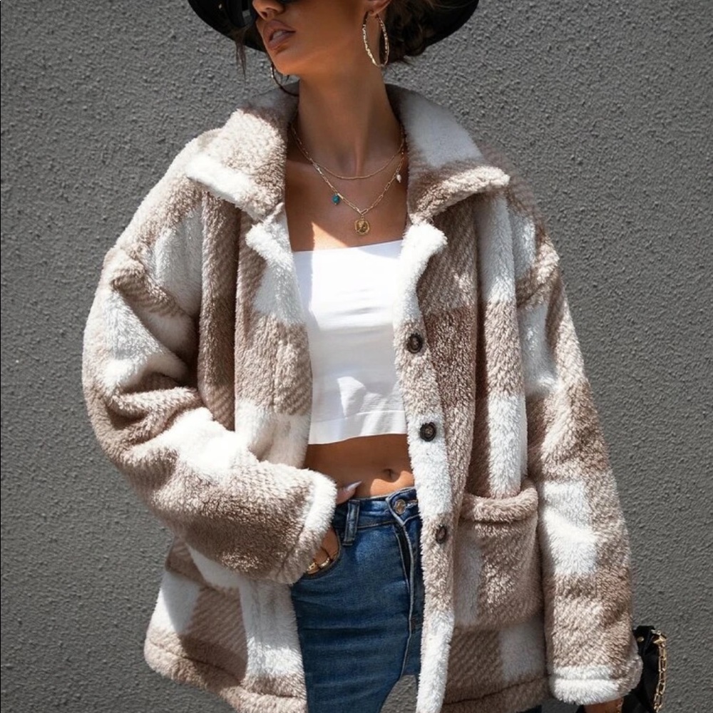 Gingham plaid teddy coat with buttons cozy